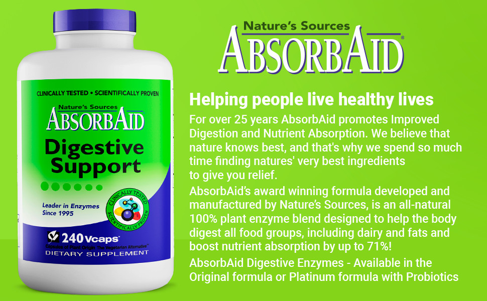 AbsorbAid Natural Digestive Enzyme relief for gas, bloating, acid reflux-240 cap