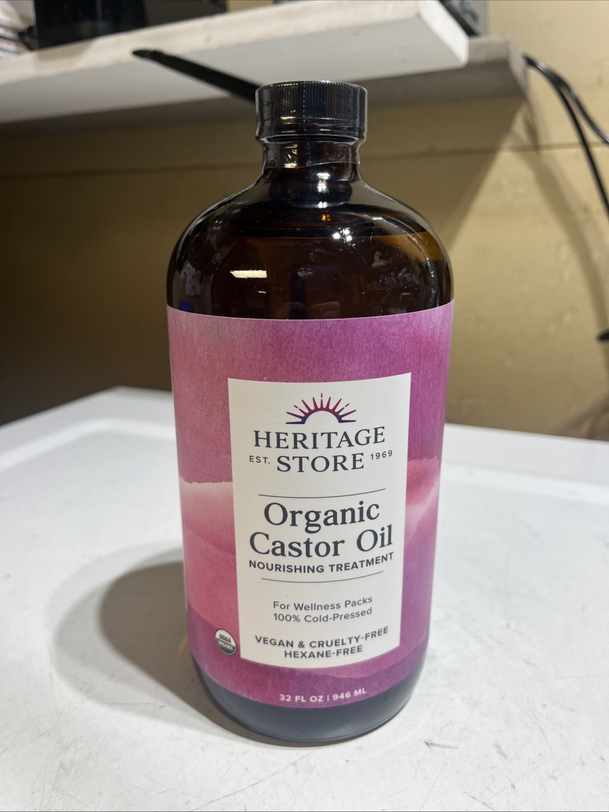 Heritage Store Organic Castor Oil, 32 fl oz Sealed Exp 7/27 Hexane Free Glass