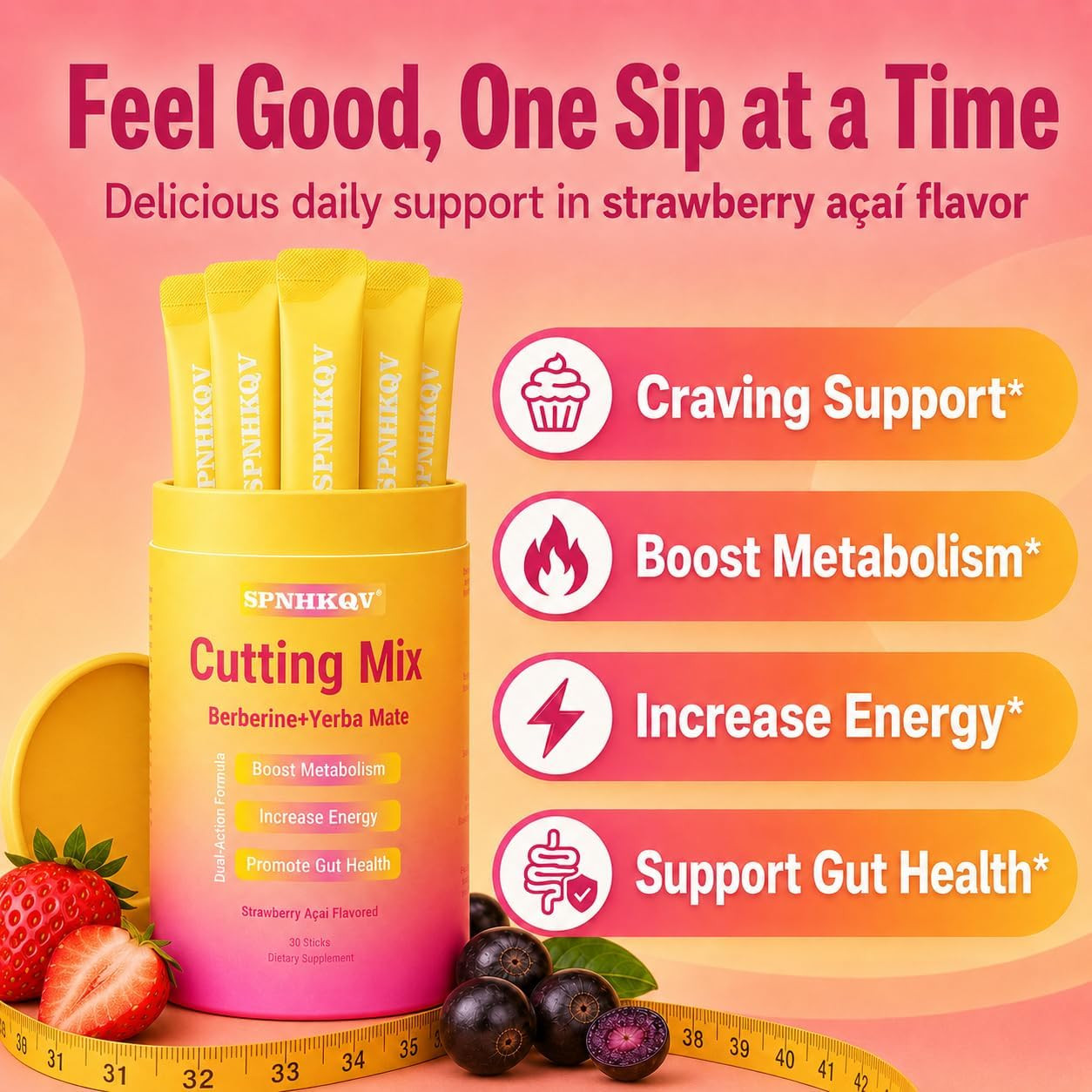 SPNHKQV Cutting Mix Berberine + Yerba Mate, Strawberry Açaí Blend, 30 Stick Pack