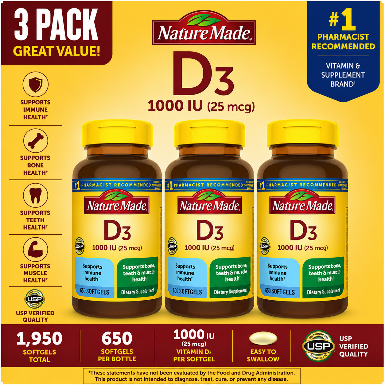 3 Pack Nature Made Vitamin D3 25 mcg. 1000 IU 650 Softgels