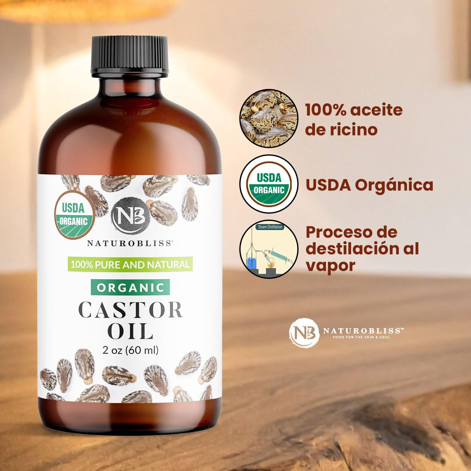 100% Pure Organic Castor Oil, Expeller-Pressed, Hexane-Free, Premium Carrier & B