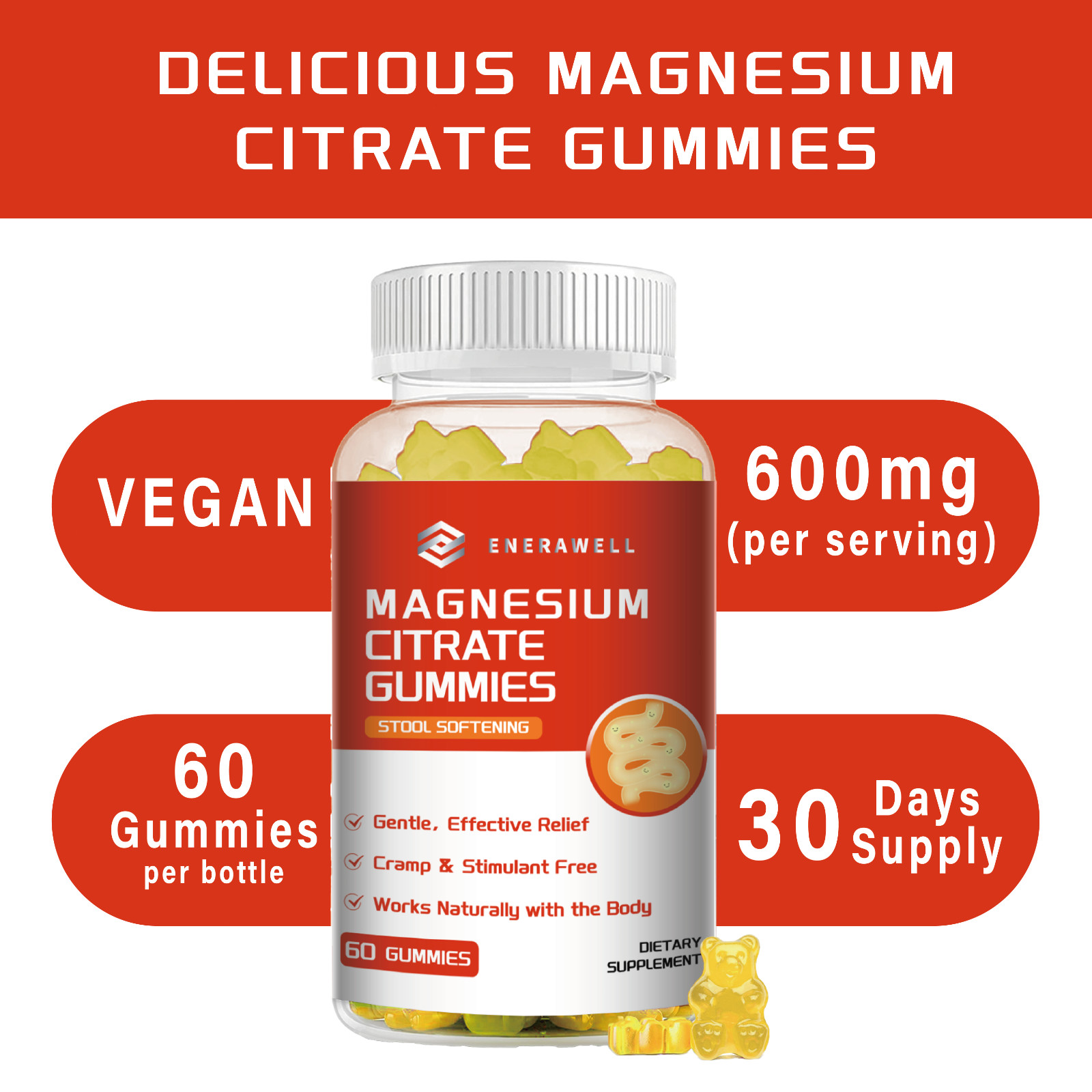ENERAWELL Magnesium Citrate 600mg, 30 Servings, 60 Gummies -Non-GMO | 02/07/2027