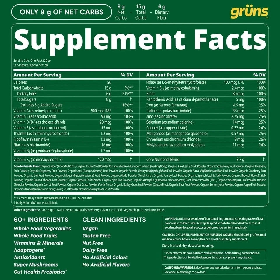 Gruns Low Sugar – SuperFoods Greens Gummies, Sweet Taste – 28 Pack