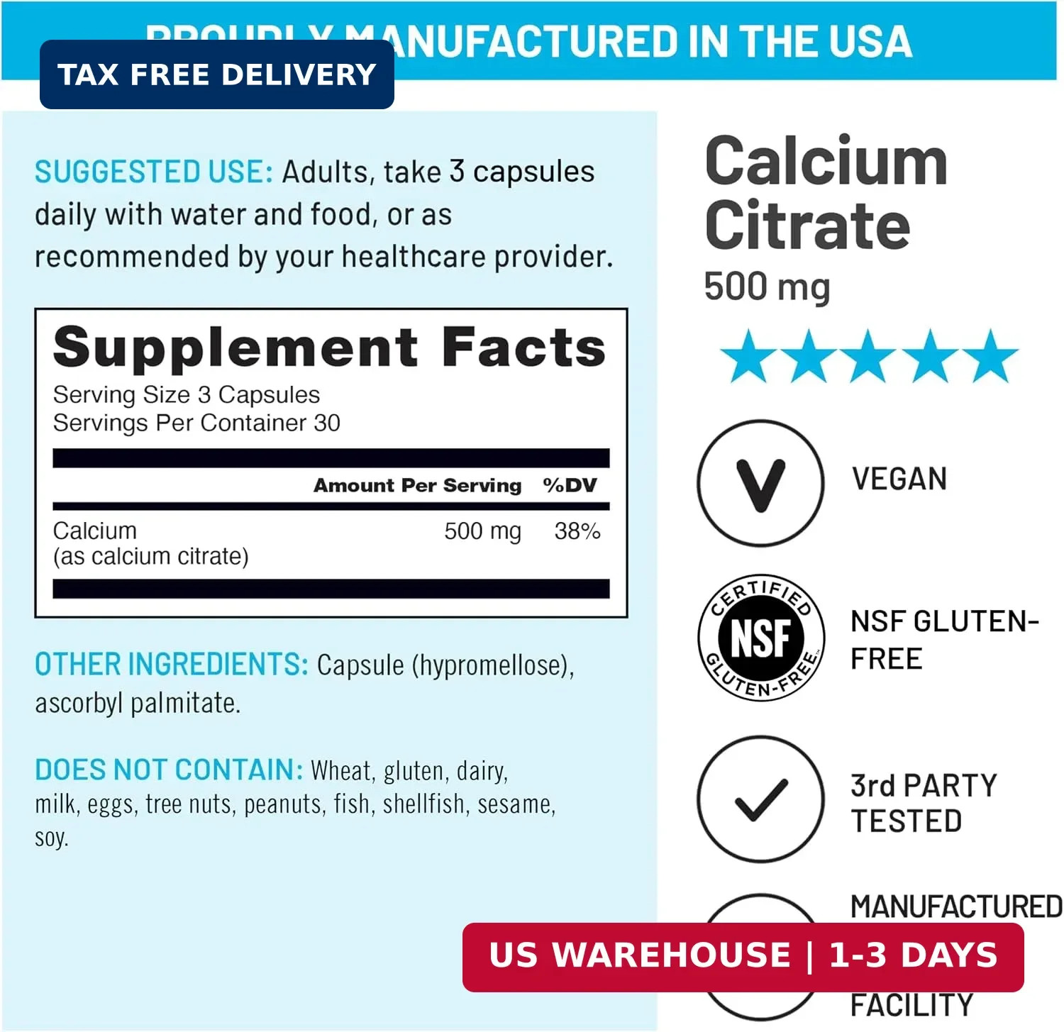 Calcium Citrate 500mg Capsules – Supplement for Bone Health – Easy to