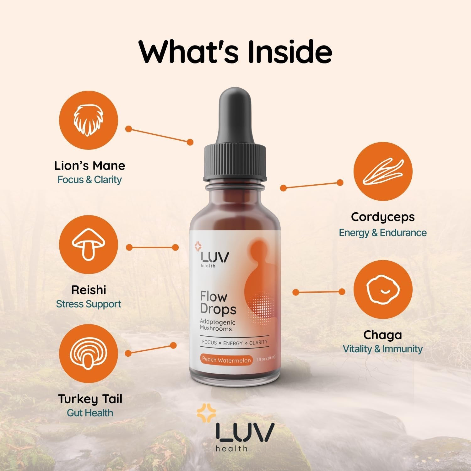 LUV Health Flow Drops – Health LUV Flow Adaptogen Mushroom Blend Drops – USA