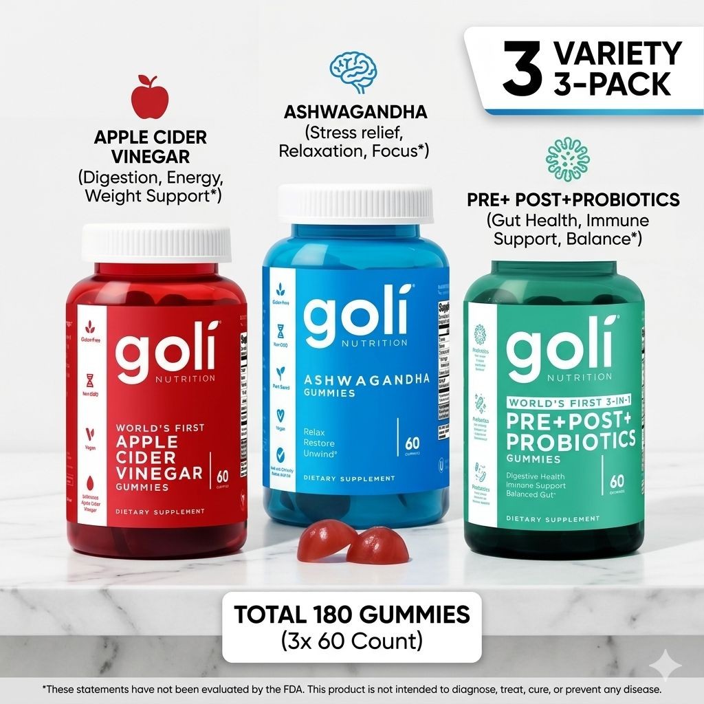 Goli 3-Pack Bundle: ACV, Ashwagandha, Probiotics Gummies 180ct Vegan Supplement