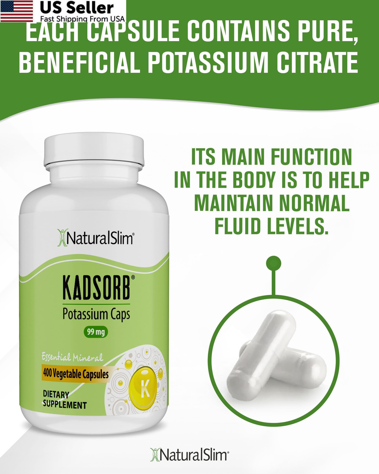 NaturalSlim Natural Potassium Citrate Gluconate 99 mg – 400 Count (Pack of 1)
