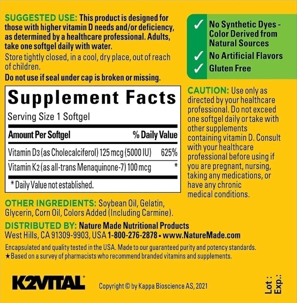 Nature Made Vitamin D3 K2 Supplement, 5000 IU (125 mcg) 30 Count (Pack of 1)