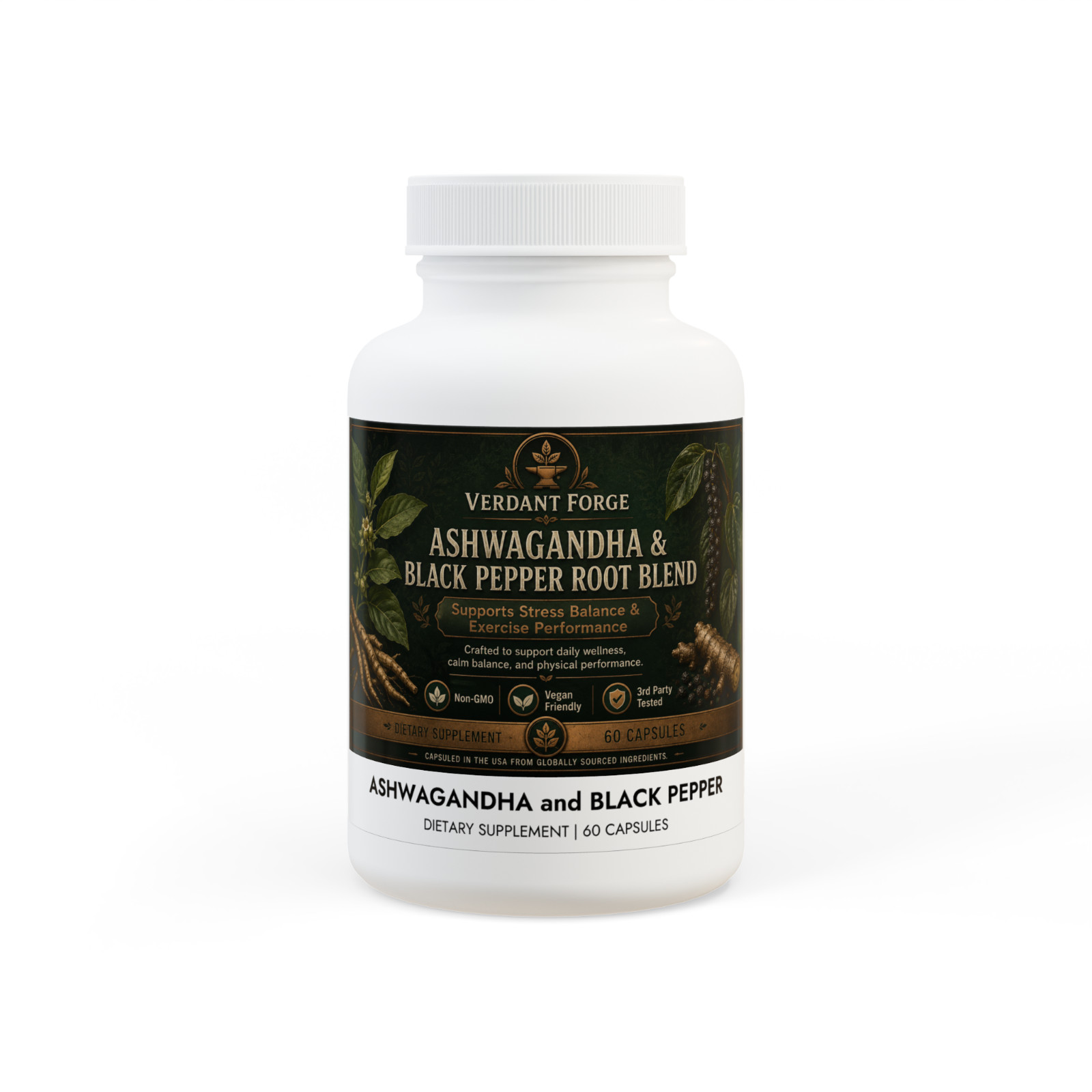 Ashwagandha Black Pepper Root Blend 60 Capsules Stress Balance Vegan Non-GMO