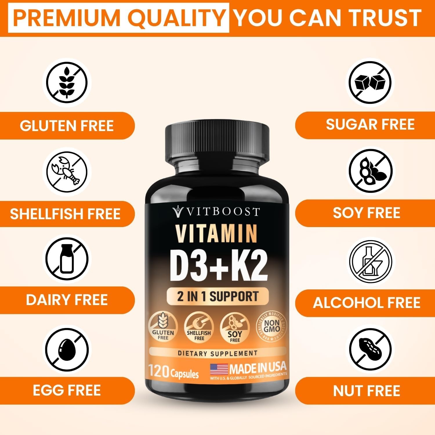 VITBOOST Vitamin D3 K2 Complex – Easy to Swallow | Gluten-Free | USA Made 120CAP
