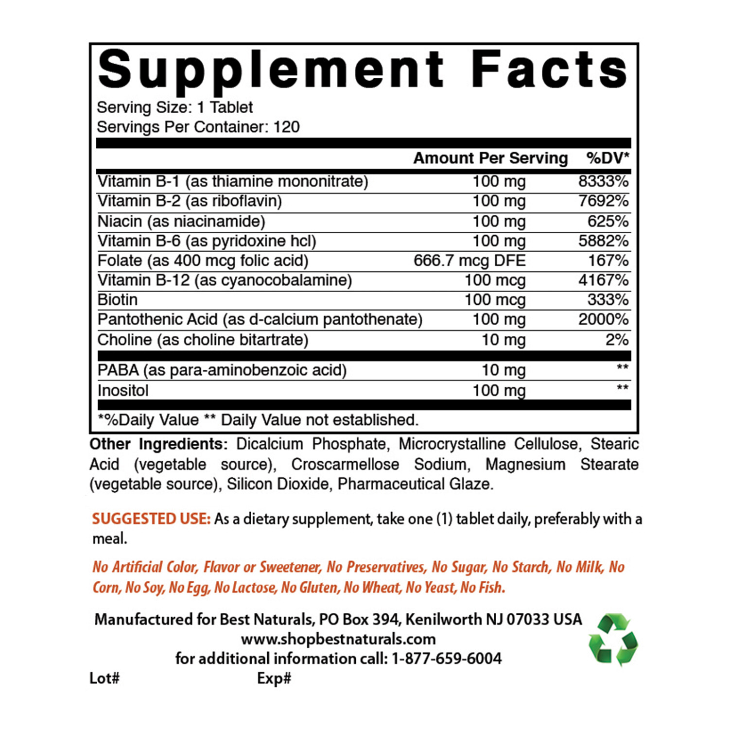 Best Naturals B-100 Complex Tablets, 120 Count