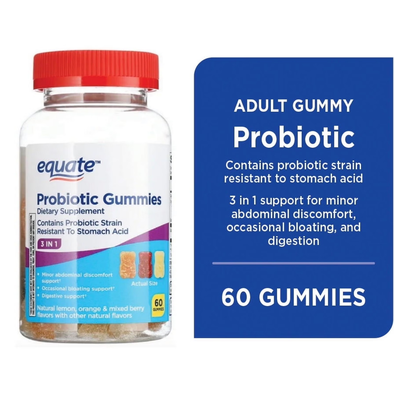 Equate 3-in-1 Daily Probiotic Dietary Supplement Gummies Fruit Flavors, 60 Count