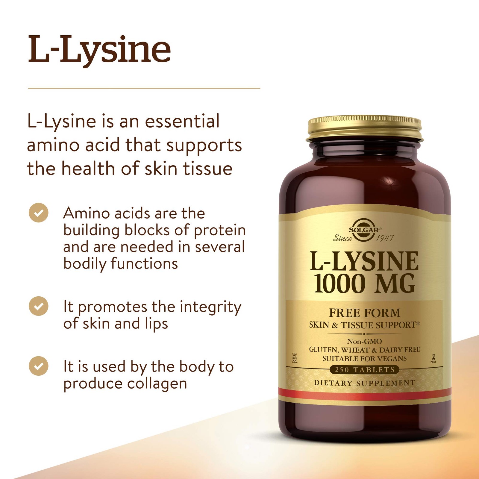 Solgar L-Lysine 1000 mg, 250 250 Count (Pack of 1), Standard Packaging