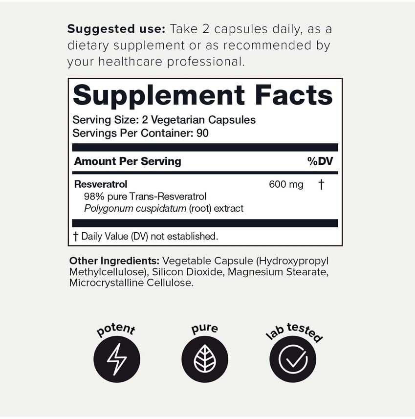 Trans Resveratrol 1000mg 98% Pure Highly Purified Bioavailable Resveratrol 180c