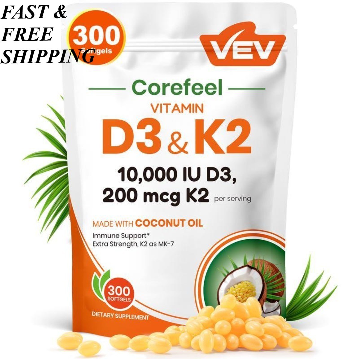 NEW VEV Vitamin D3 K2 10000 IU, 300 Coconut Oil Softgels, 2-in-1 D&K Supplement