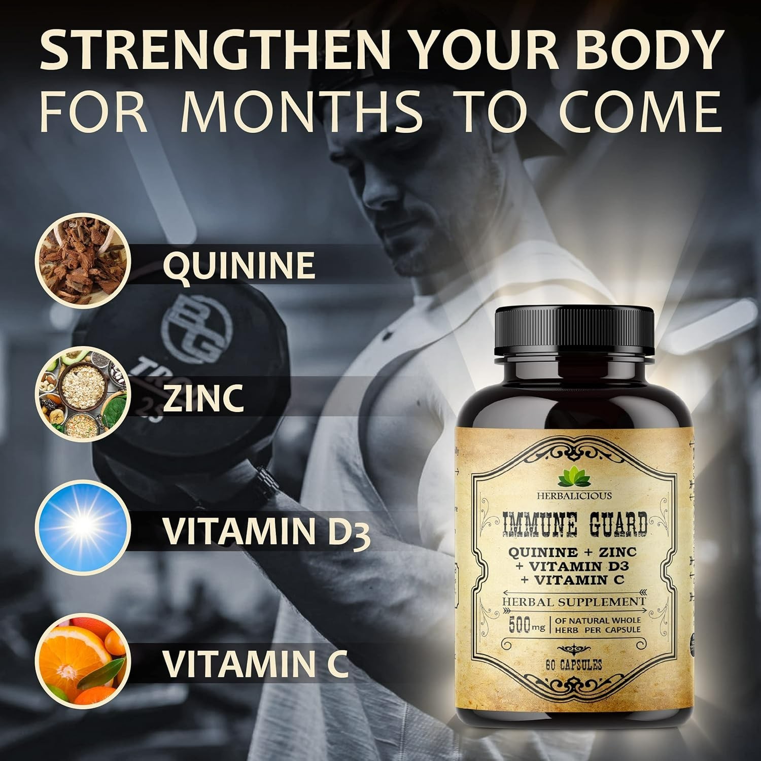 Quinine Immune Guard 500 mg con Vitamina C, D3 y Zinc, 60 Cápsulas