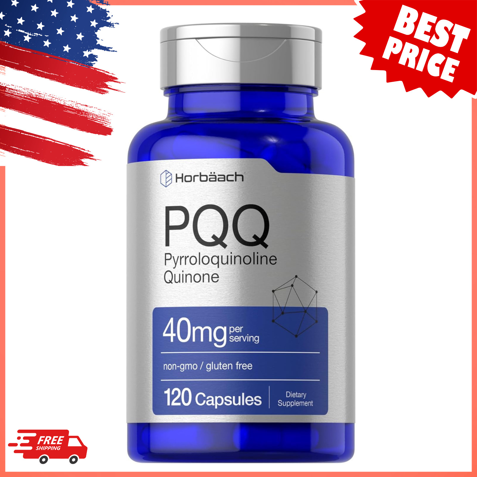 Horbaach PQQ Supplement 40mg 120 Capsules Pyrroloquinoline Quinone Disodium Salt