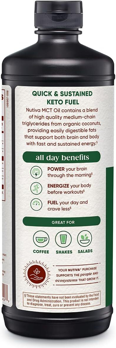 Nutiva Organic MCT Oil Unflavored 32 Oz USDA Organic Non-GMO Neutral Flavor USA