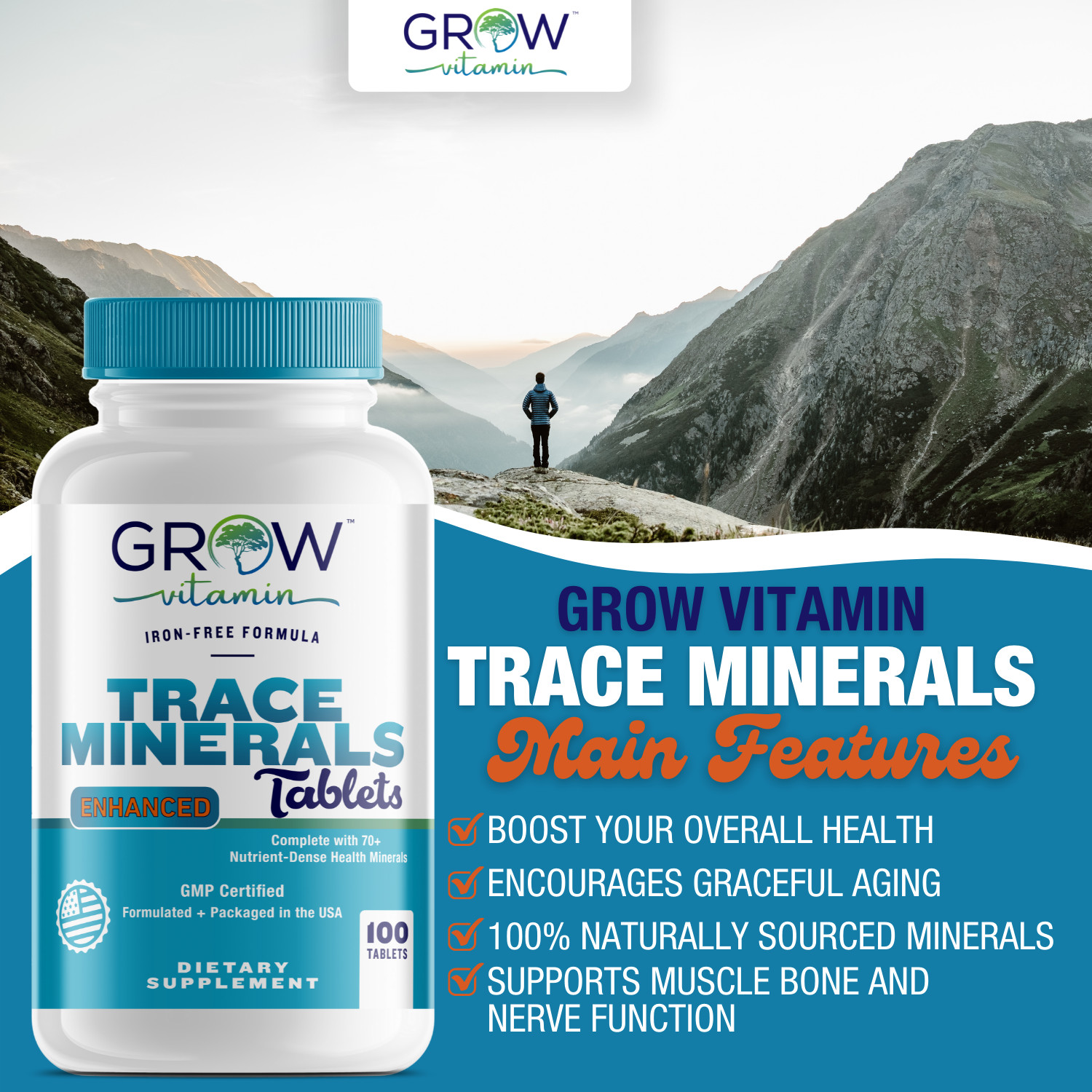Multi Mineral Supplement | 100 TABLETS | Iron Free | Non-GMO | by GROW VITAMIN