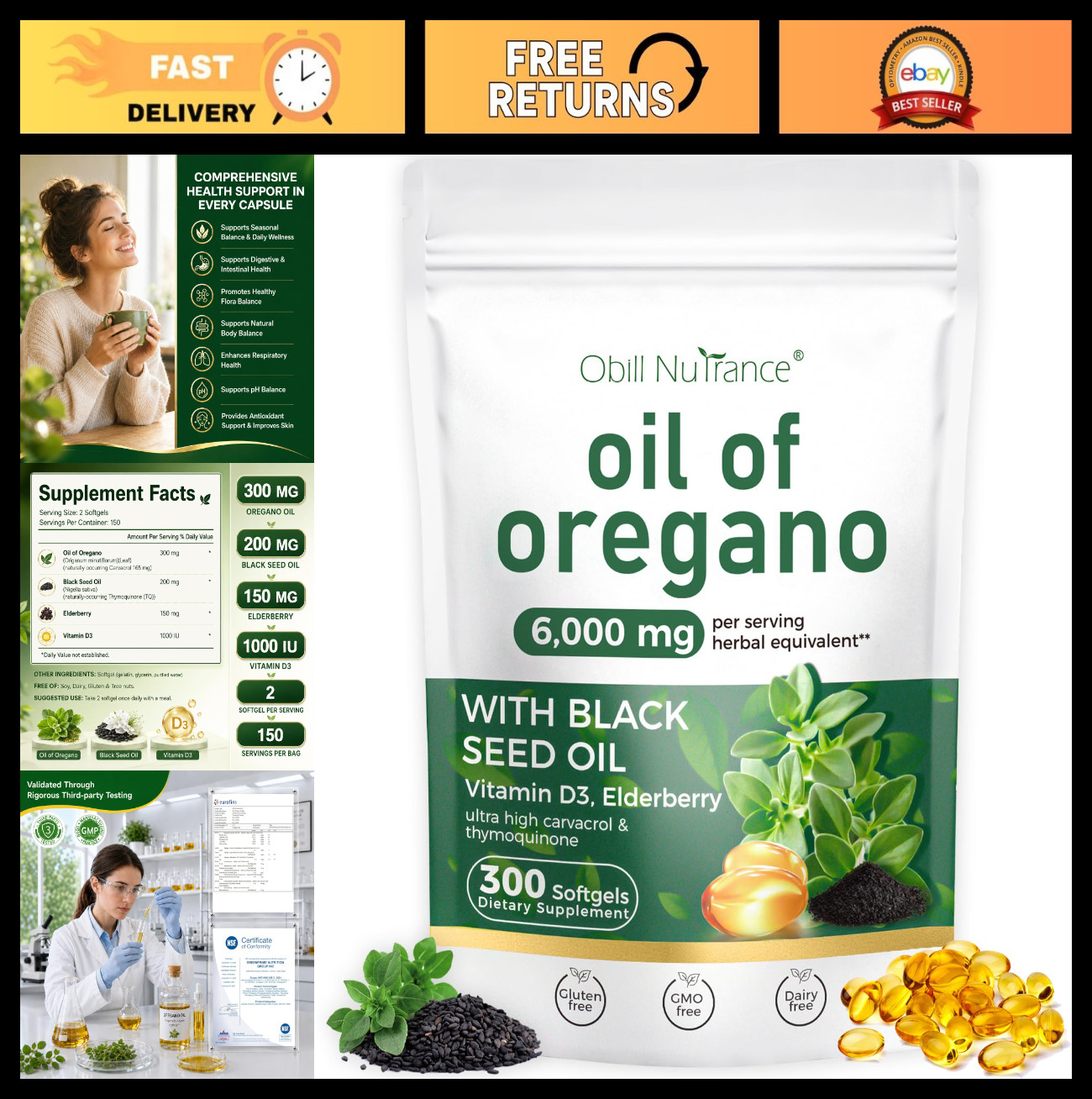 Organic Oregano Oil & Black Seed Oil Softgels, Immune Support, 300 Count, Non-GM