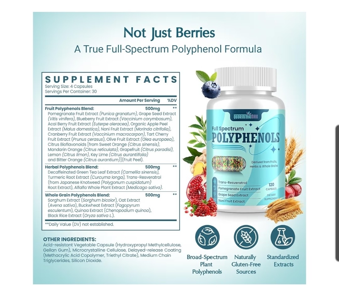 (120 Count) Polyphenols Supplement 1500mg – Over 20 Fruit, Herbal & Cereal Full
