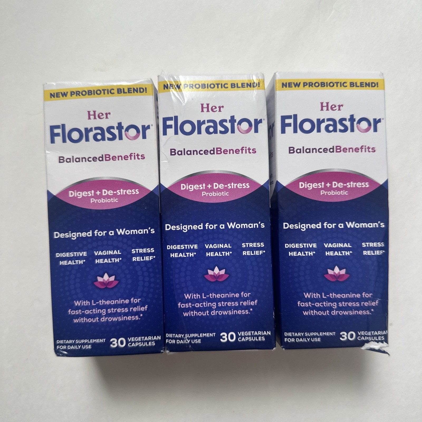 (3) Her Florastor Digest + De-Stress Probiotic – 30 Capsules Each Exp. 08/2026