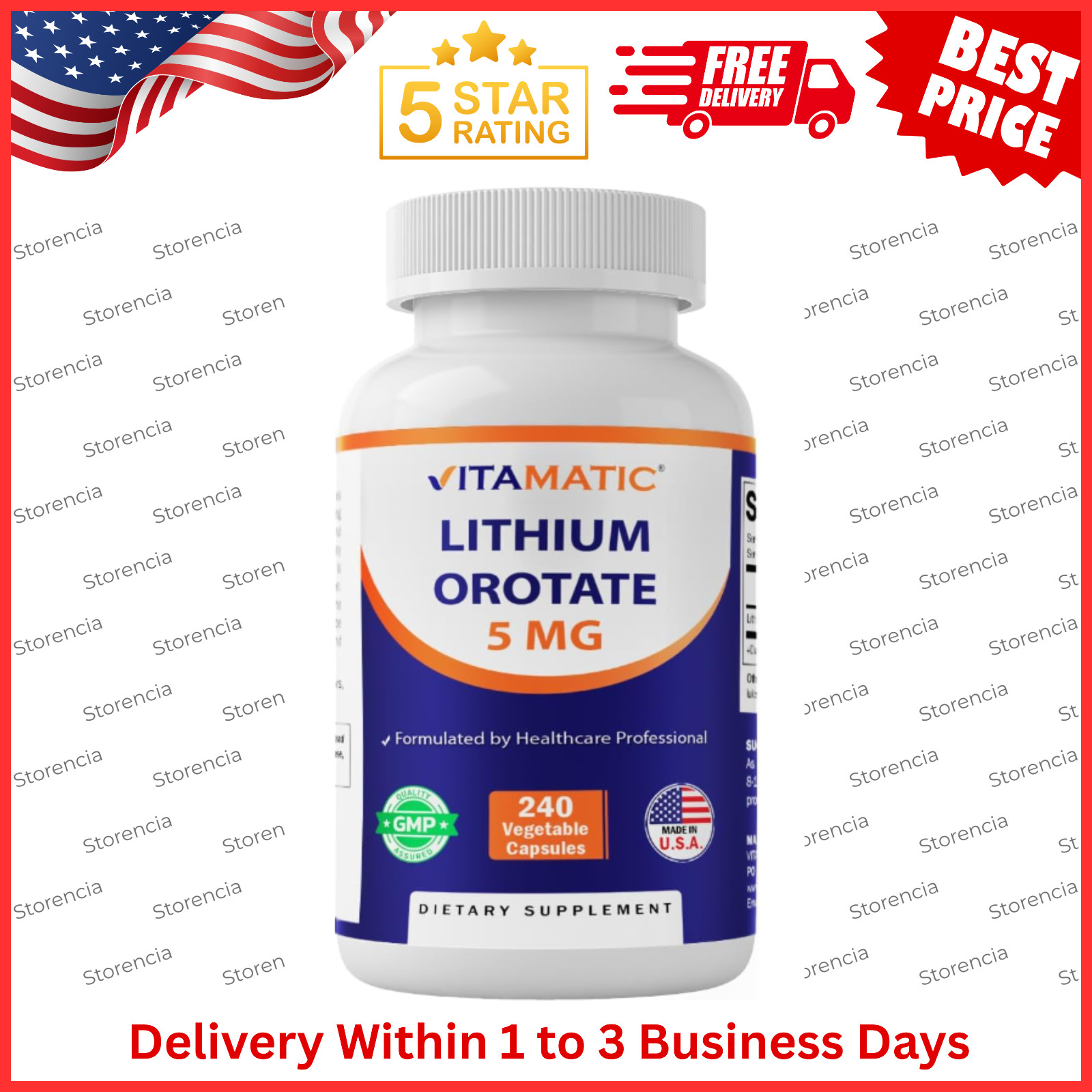 Vitamatic Lithium Orotate 5mg, 240 Veggie Capsules, Non-GMO, Gluten Free.