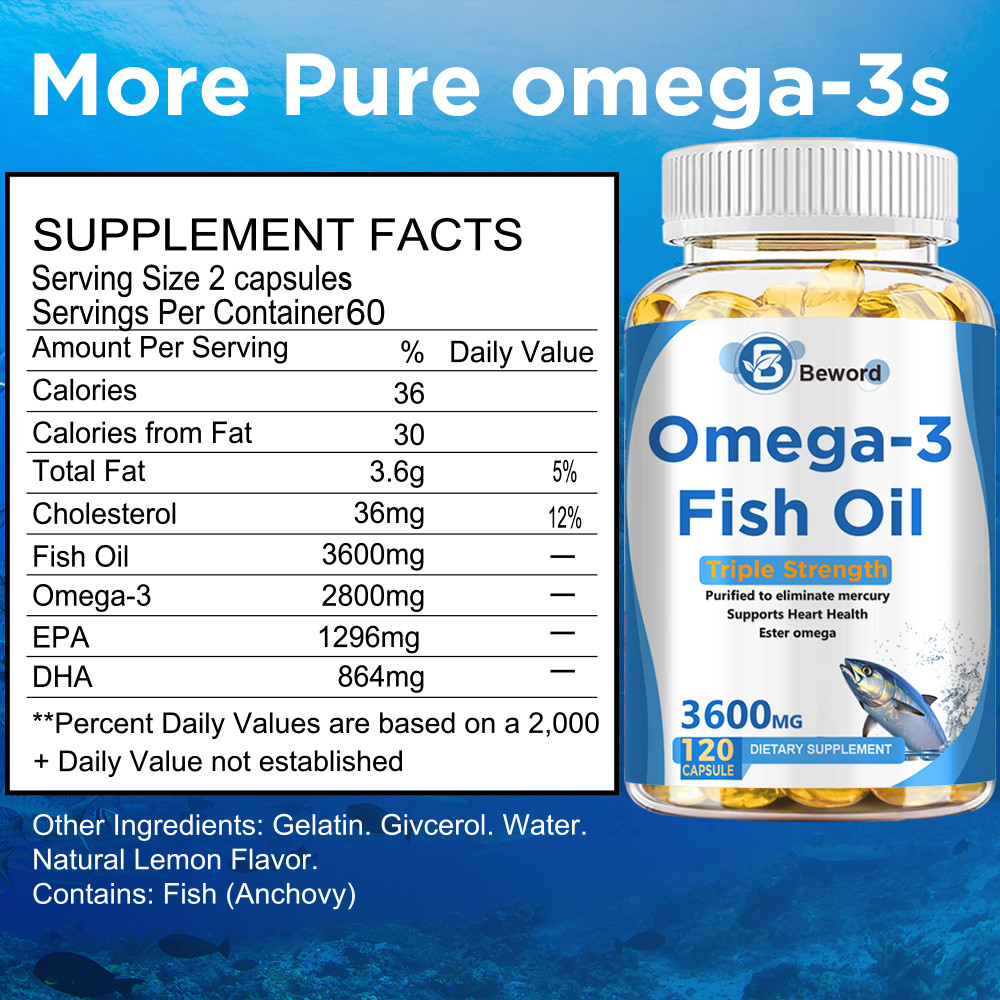 3x Strength EPA & DHA Omega 3 Fish Oil 3600mg, Highest Potency, 4 × 120 Softgels