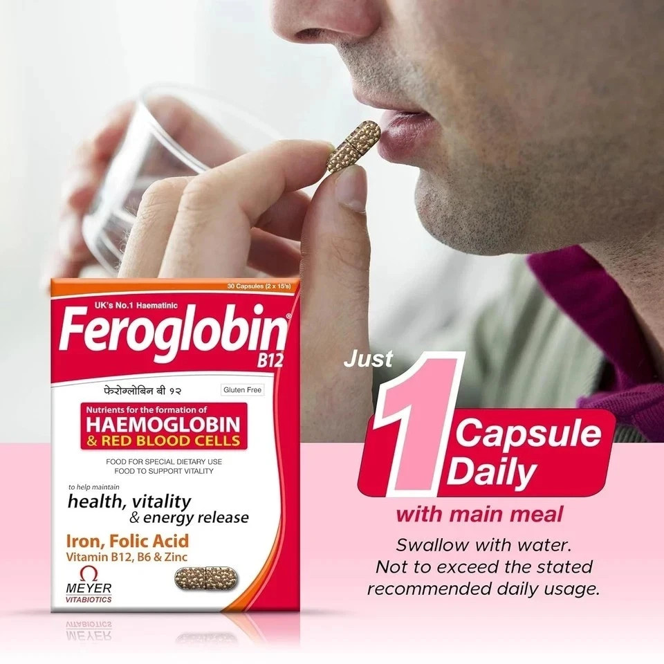 3 x Feroglobin B12 Capsules 30 Iron Folic Acid B6 B12 Zinc Hemoglobin Support
