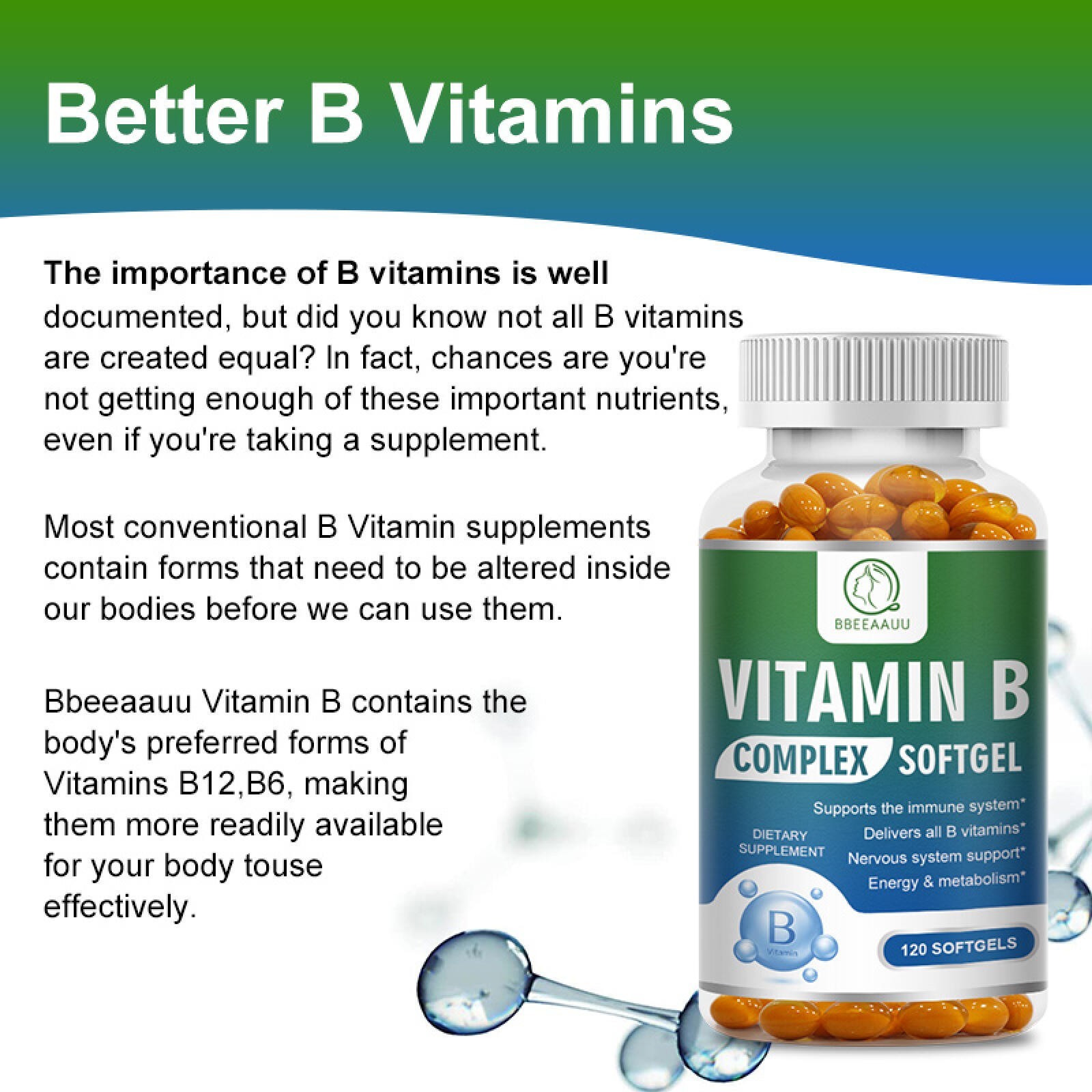 Vitamin B Complex 120 Capsules B1,B2,B3,B5,B6,B7,B9,B12, Immune Support Pills