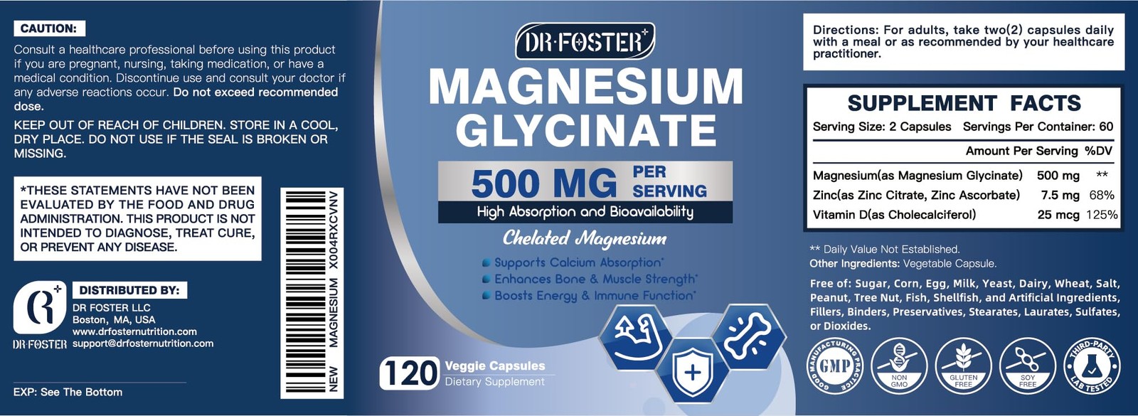 DRFOSTER Magnesium Glycinate 500mg with Zinc & Vitamin 120 Count (Pack of 1)