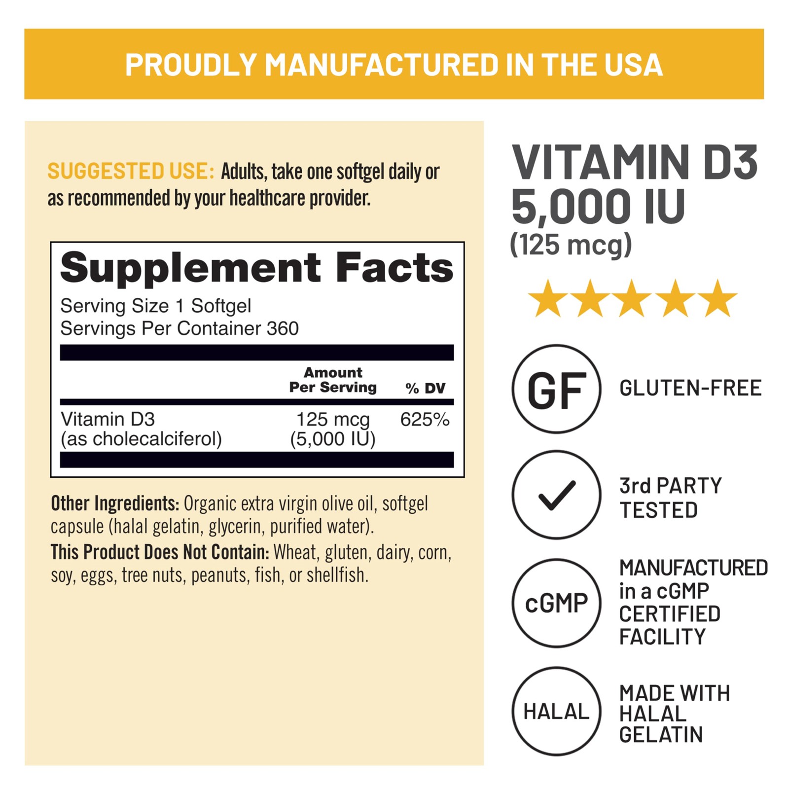 NatureWise Vitamin D3 5000iu (125 mcg) 1 Year 360 Count (Pack of 1), Yellow