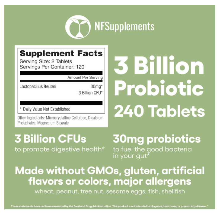 Lactobacillus Reuteri Probiotic Supplement 240 Tablets 3 Billion CFU Probiotics.