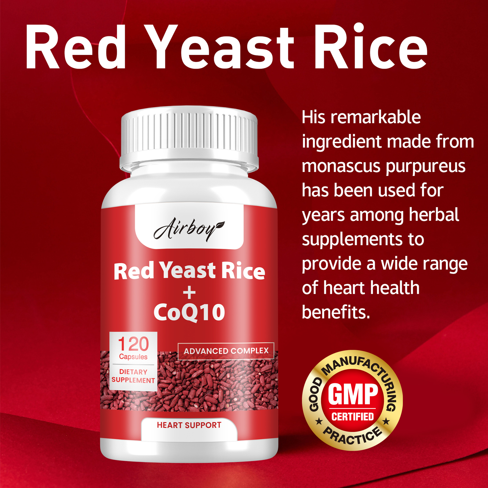 120pcs Red Yeast Rice +CoQ10 -Support Heart & Cardiovascular Health, Antioxidant