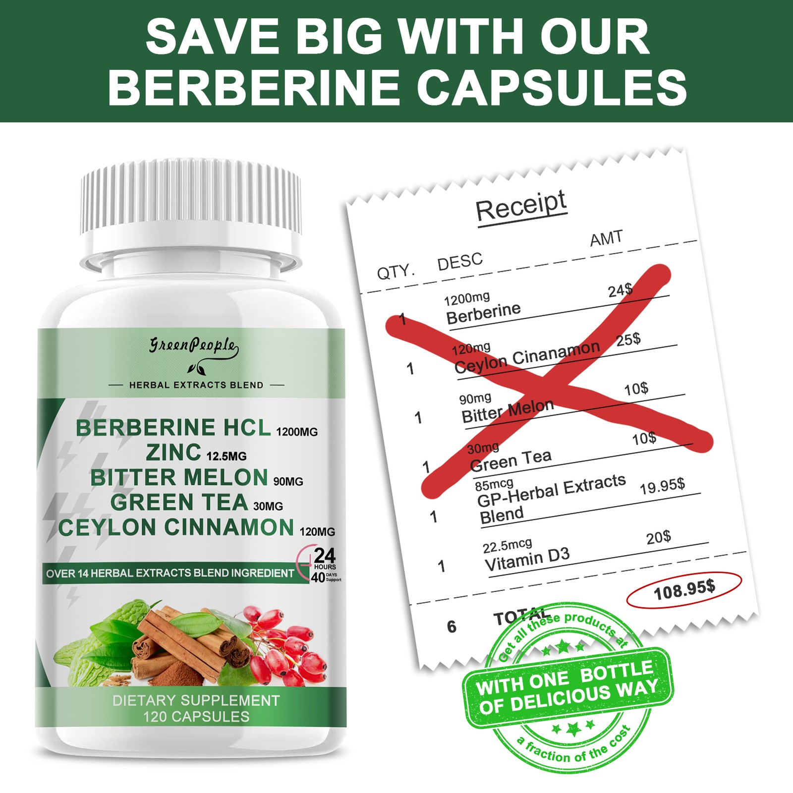 3 Packs Berberine 1200mg High Abosorption For Blood Sugar Immune 6 Months Supply