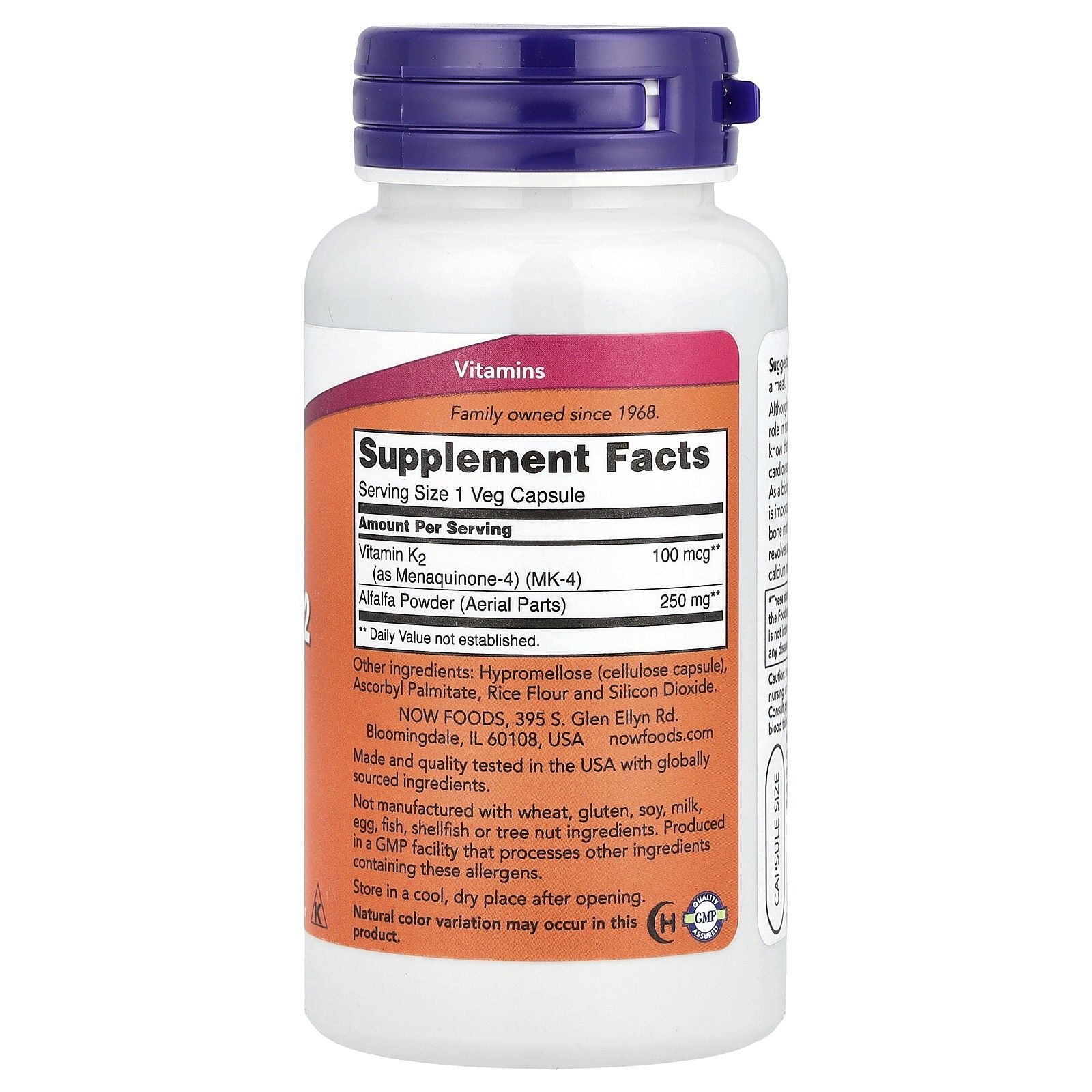 Now Foods Vitamin K-2 100 mcg 100 Veg Capsules GMP Quality Assured, Kosher,