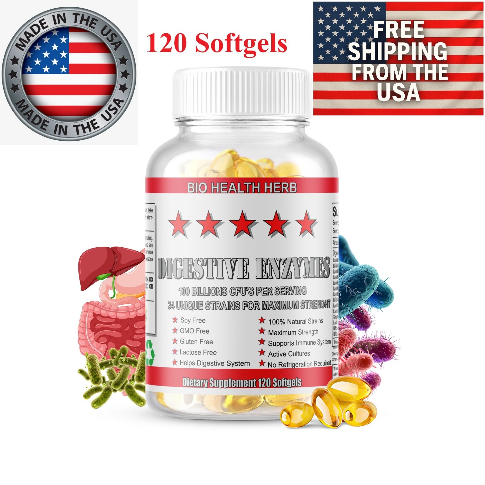 Digestive Enzymes Prebiotic & Probiotics Gas, Constipation & Bloating Relief 120