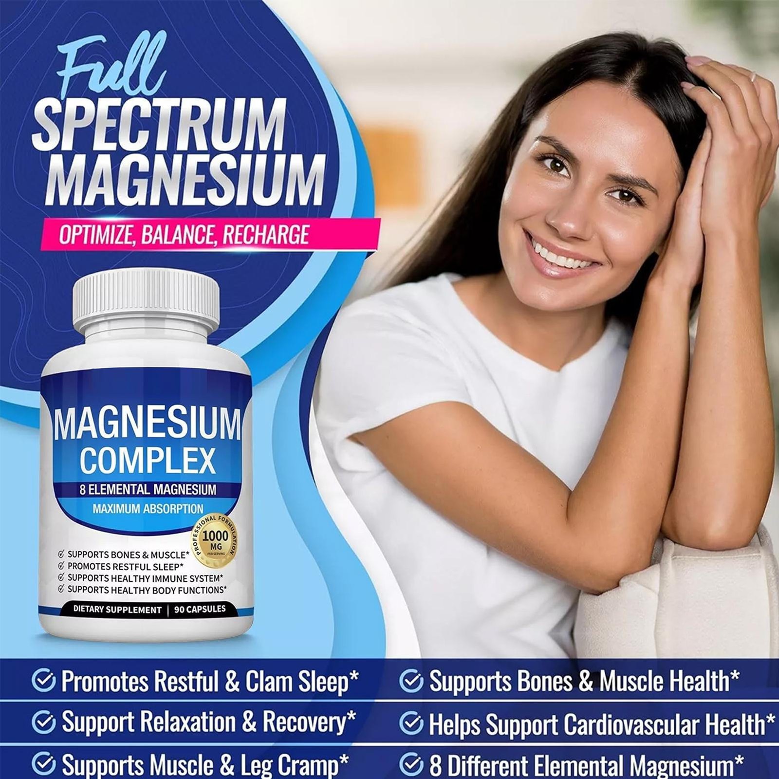 Enhanced Magnesium Glycinate Complex 1000mg – 90 Capsules 8 elements magnesium