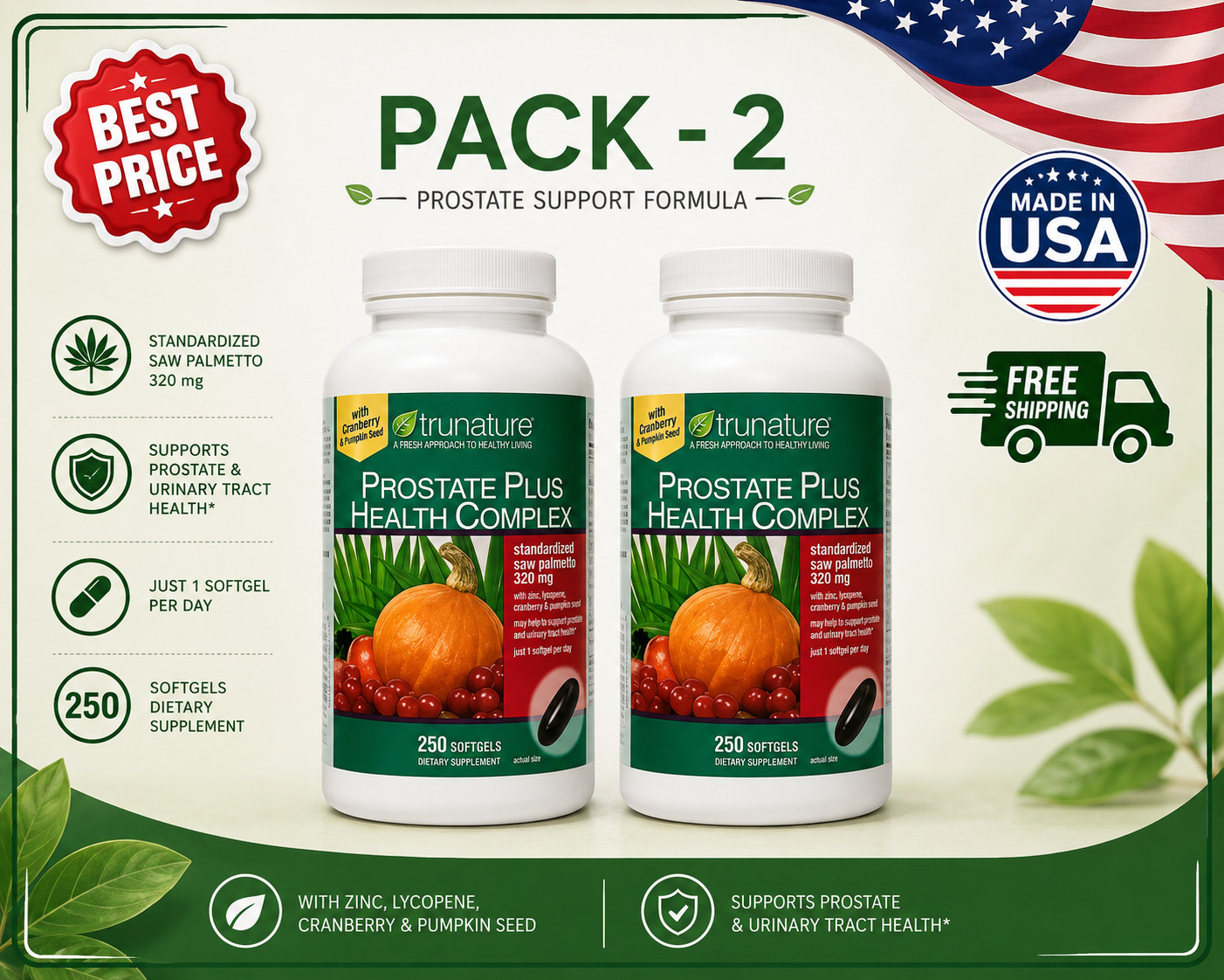 2 Pack Trunature Prostate Plus Health Complex 250 Softgels Dietary Supplement