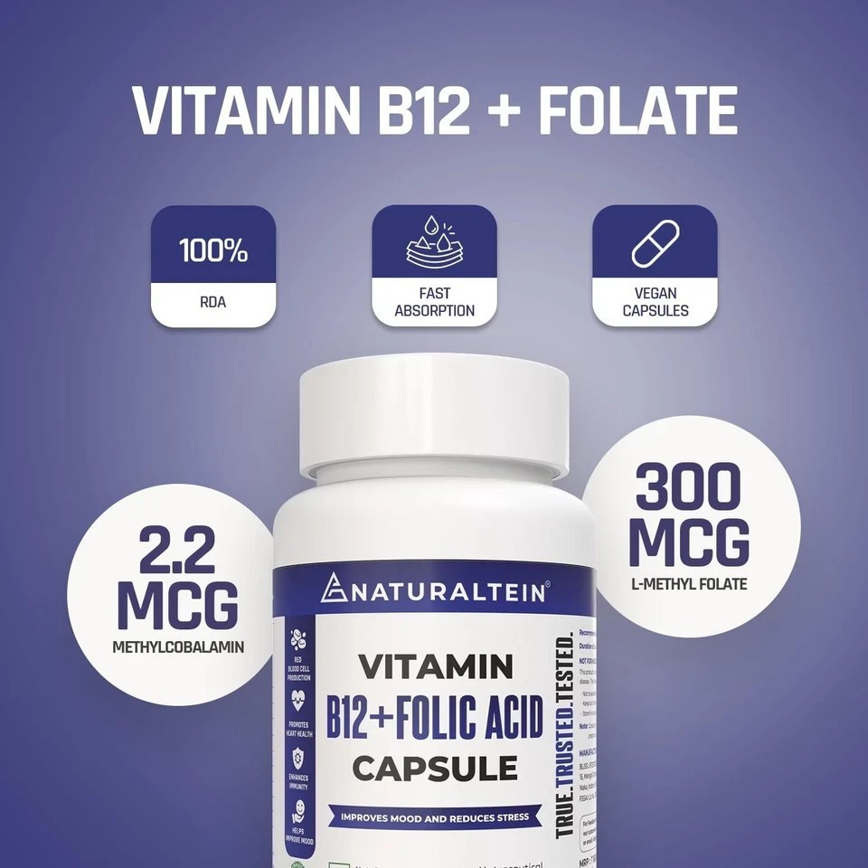 NATURALTEIN Vitamin B12 + Folate Energy Brain & Heart Health 60 capsules T859