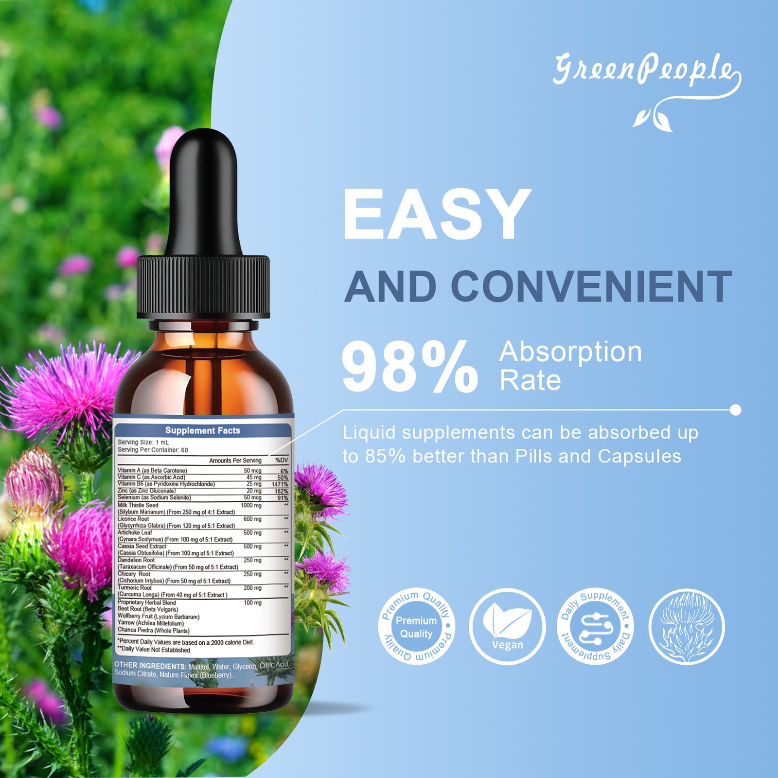 60ML Liver Support Milk Thistle Liquid Drops Vegan, Sugar & Alcohol-Free