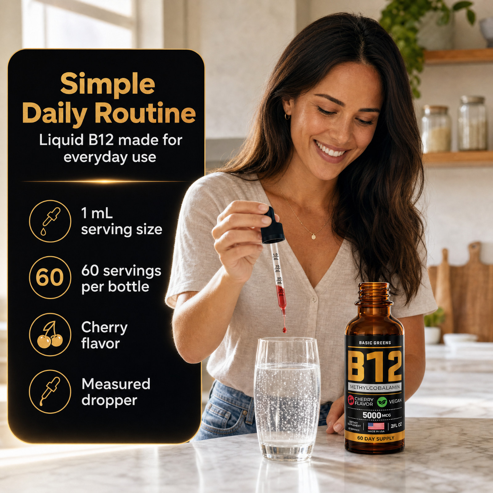 BASIC GREENS B12 Liquid Drops 5000mcg Sublingual Methylcobalamin Vegan 2oz