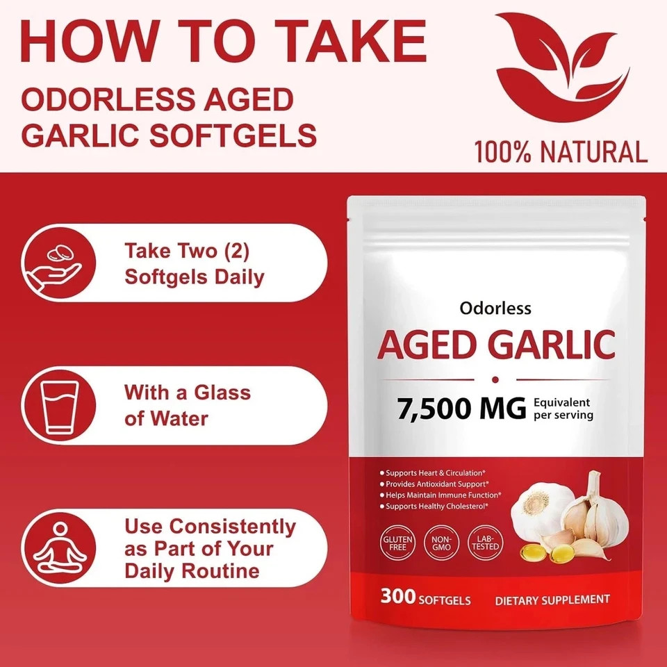 Odorless Garlic 7500Mg per Servings, 300 Softgels | 2 Years Aged Garlic Extra…
