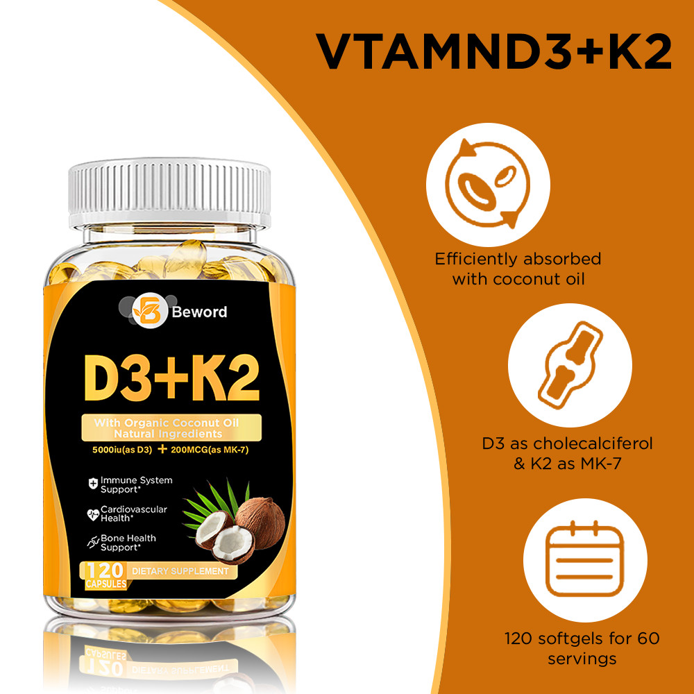 Vitamin D3 5000IU and K2 MK-7 200mcg – 120 Capsules – Immune Support Wellness-