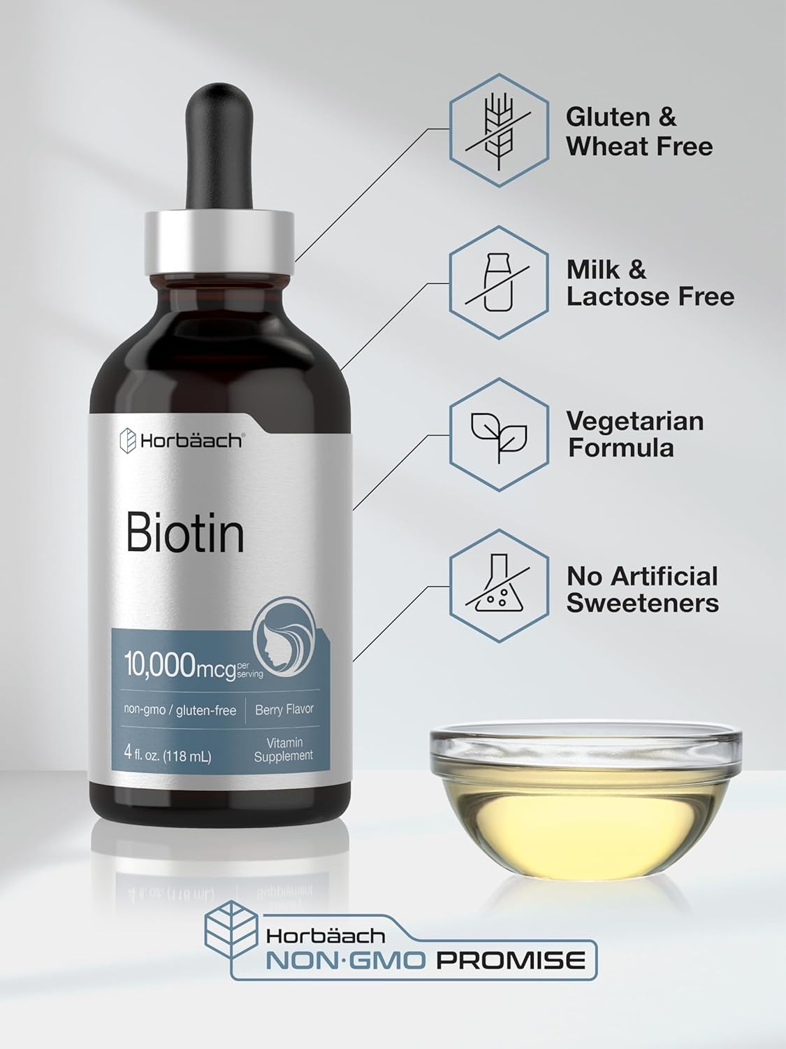 Biotin Liquid 10000mcg | 4 fl oz | Vegetarian Drops, Non-GMO | by Horbaach