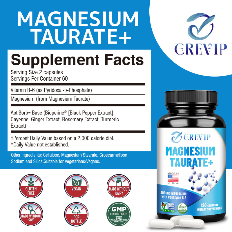 120pcs Magnesium Taurate 400mg – Cardiovascular Health, Reduces Anxiety, Non-GMO