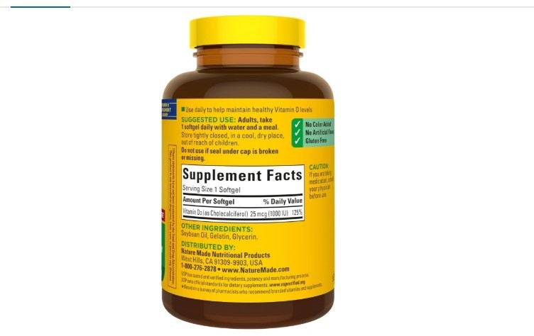 Nature Made Vitamin D3 1000 IU (25 Mcg), Vitamin D Supplement for Bone, Teeth, M