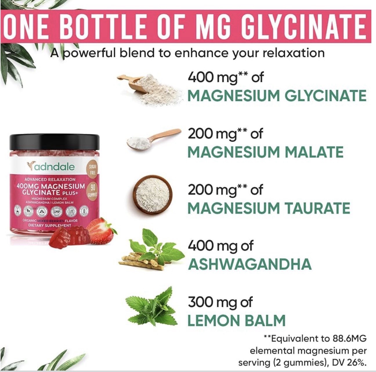 2X Adndale Magnesium Glycinate Gummies 400mg With Ashwagandha Sugar Free 180 Ct