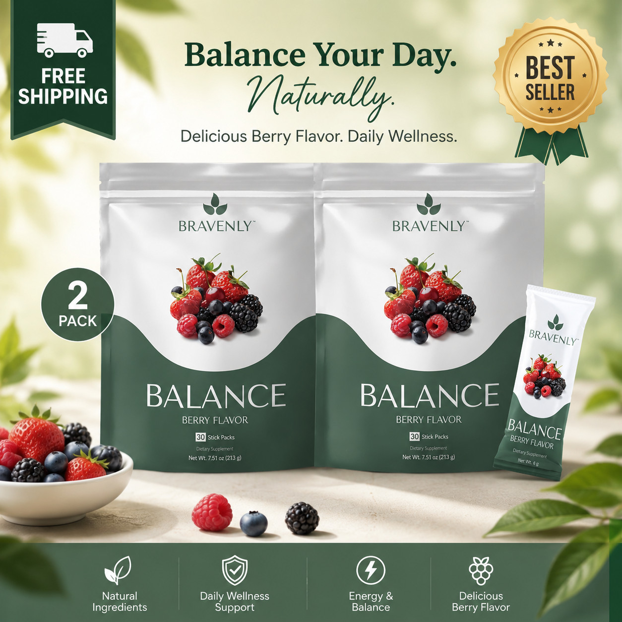 NEW X2 PACK BRAVENLY BALANCE stick packs 30 Servings (x2) — FREE SHIP