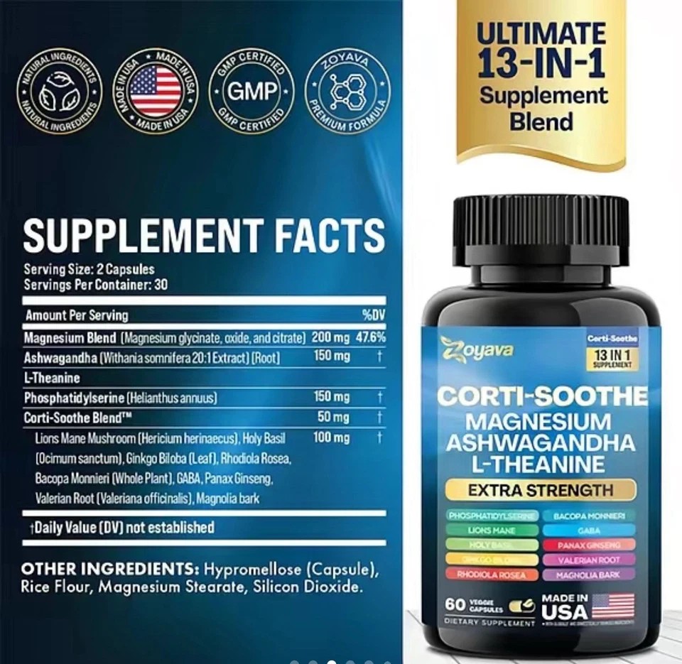CORTI-SOOTHE Cortisol Magnesium Ashwagandha L-theanine – Relieve Stress